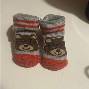 Cute Bear Baby Socks with Red and Gray Stripes